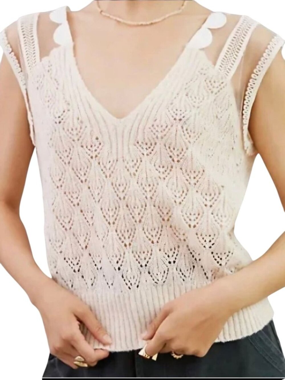 Anthropologie Maeve Lace Trim Scalloped Knit V Neck Sweater Vest One Size